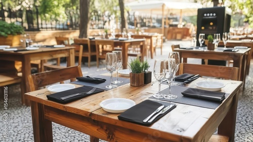 Common settings of cafe interior with wooden tables and plate sets