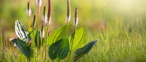Medicinal plant Plantago on green background, wide angle 21x9 close up photo