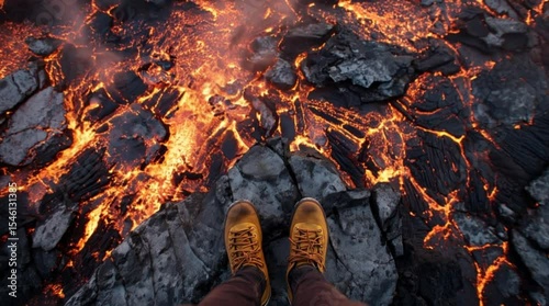 Hiker standing on rocky cliff above flowing lava, volcanic eruption danger, close-up of boots near molten lava.