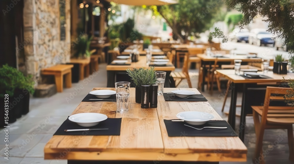 Common settings of cafe interior with wooden tables and plate sets Common settings of cafe interior with wooden tables and plate sets