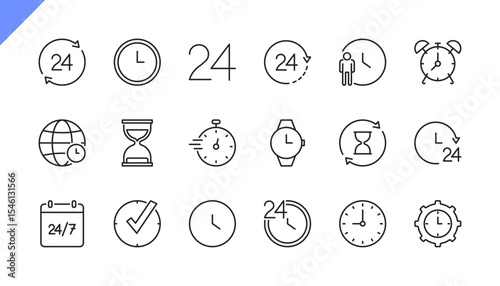 Clock and time line icons set. Timing, timer, alarm, watch, hour vector sign or symbol. Vector illustration. Editable stroke.