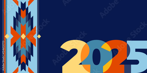 Native american heritage month 2025 greeting. Vector banner, poster, card, content for social media with text Native american heritage month, november. Blue background with native tribal pattern.