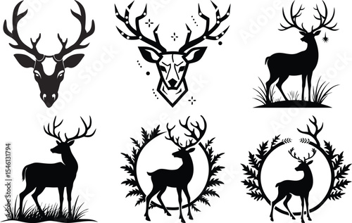 Six Black Silhouettes of Deer with Varying Antler Styles Some Depicted in Grasslands Others within Circular Floral Frames