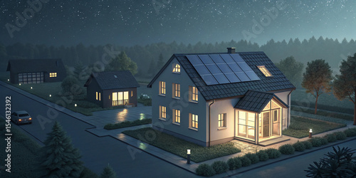 A Futuristic Glowing Smart House with Solar Panel Roofs, Highlighting Sustainable Living