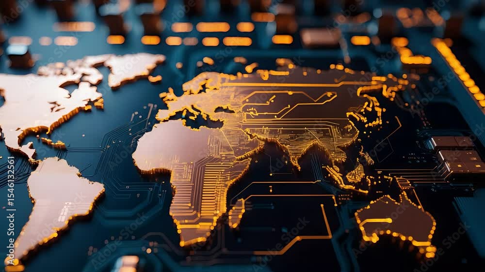 Golden World Map Circuit Board Glowing Electronics Global Network Technology