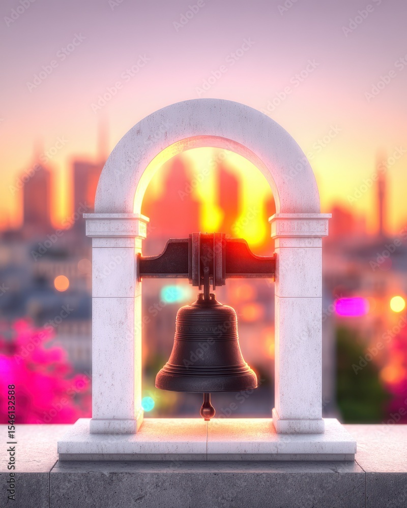 Obraz premium Sunset Cityscape with Bell in Stone Arch