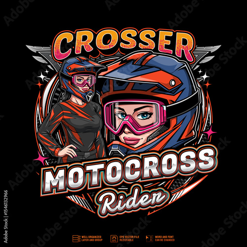 Supermoto Logo template with female racer character illustration