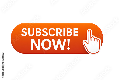 3D Orange Subscribe Now Button with Hand Click Icon for Web Interface, Social Media CTA and Marketing Campaigns