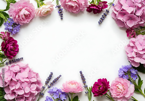 Beautiful flower arrangement forming a colorful frame on a clean white surface.
