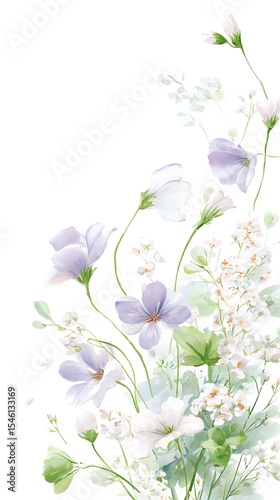 Delicate and elegant watercolor illustration of a soft, curving line of spring florals and greenery in a pastel color palette.