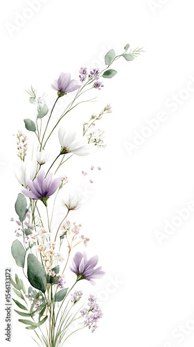 Delicate and elegant watercolor illustration of a soft, curving line of spring florals and greenery in a pastel color palette.