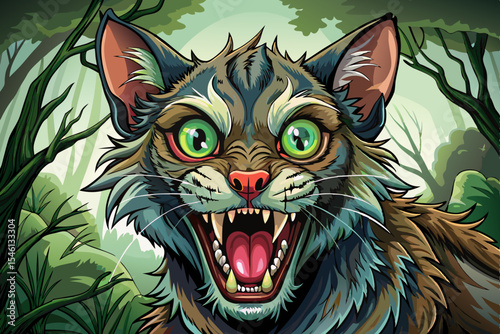 Terrified cat vector mid-meow with wide eyes and claws extended in a dramatic forest setting expressive pet illustration for comics, posters, or themed merchandise
