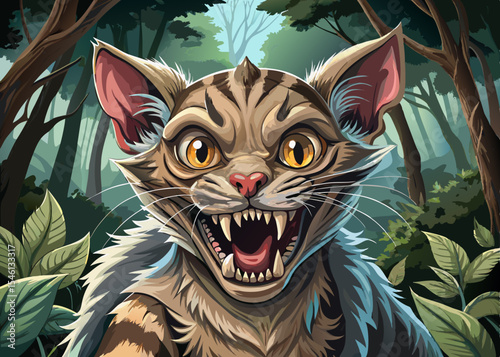 Terrified cat vector mid-meow with wide eyes and claws extended in a dramatic forest setting expressive pet illustration for comics, posters, or themed merchandise