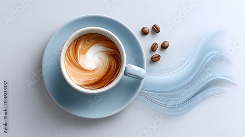 Artistic rende displays cafe con leche with a surreal swirl, complemented by flowing colors and scattered coffee beans, creating a visually appealing scene.