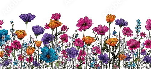 Design of beautiful flat pressed colorful wildflowers growing in the tight line in the hand-drawn bold marker style, all parts of the design fit perfectly inside the borders, pure white background