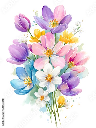 Elegant horizontal floral bouquet in watercolor style, with spring wild flowers, make it watercolor with defined edges