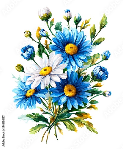 Elegant watercolor blue and white daisies and flower buds floral arrangement with green and gold leaves, blue daisies, white daisies, blue flower buds, white flower buds, white background