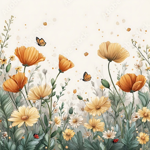 flat botanical illustration of wildflowers on white background, modern minimal style, orange poppies, green leaves, soft yellow daisies, ladybugs and butterflies as small accents