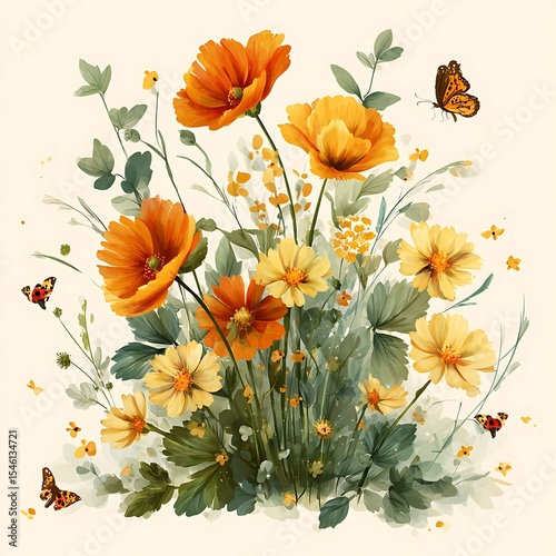 flat botanical illustration of wildflowers on white background, modern minimal style, orange poppies, green leaves, soft yellow daisies, ladybugs and butterflies as small accents