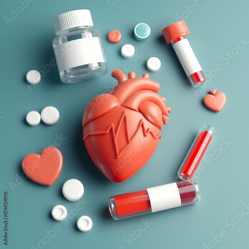 3d medicine concept. Medical and pharmacy plasticine elements. Pills and drugs, heart with pulse line, blood test tube. Isolated pithy hospital set