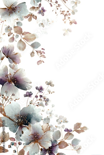 floral corner illustrations of delicate beige, blue, purple floral design. The background is plain white, delicate flower design