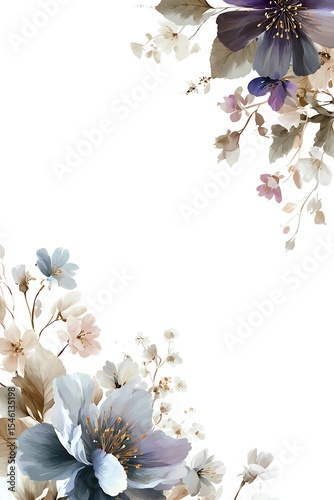 floral corner illustrations of delicate beige, blue, purple floral design. The background is plain white, delicate flower design