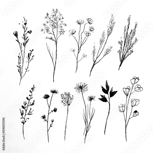 Hand-drawn wildflowers and herbs, isolated on white background, black ink on paper, hand-drawn style, simple line drawing, nature-inspired prints, fine lines, delicate curves, hand-drawn details