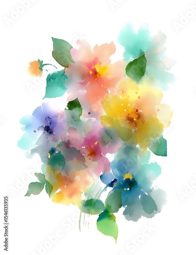 Pastel water color painting. paint random colors loosely. The image should loosely represent flowers with green leaves. Let the colors run and mingle on plain white background