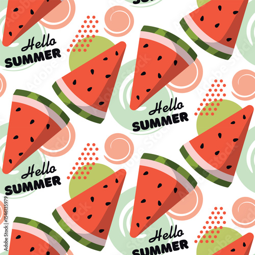 Seamless watermelon pattern on white. Vector summer background with watermelon slices.