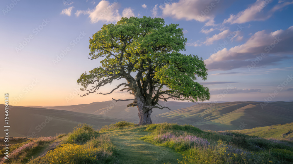 Fototapeta premium Golden Sunset Over Rolling Green Hills and Solitary Tree