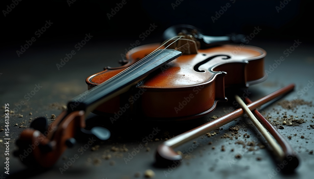 Fototapeta premium A detailed shot of a classical violin and bow on a dark surface, ready for musical performance.