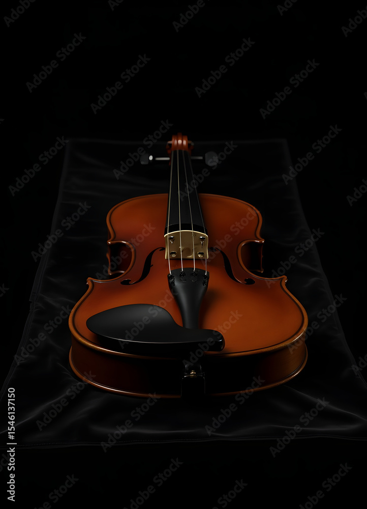 Naklejka premium A detailed shot of a violin, artfully arranged on black velvet for a classic appeal.