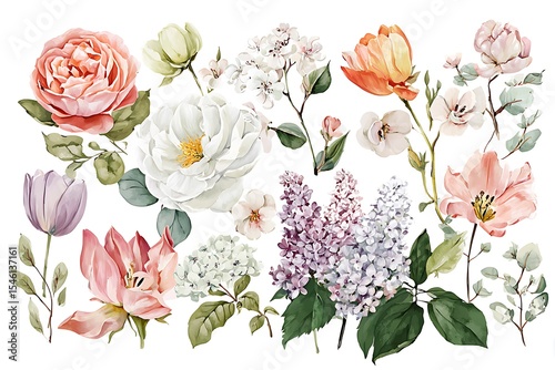 Sticker pack, flat 2d hand drawn illustration , watercolor style floral, with delicate flowers and soft, mixed colors. Rose, peony, tulip, hydrangea, lilac, white background