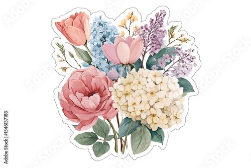 Sticker pack, flat 2d hand drawn illustration , watercolor style floral, with delicate flowers and soft, mixed colors. Rose, peony, tulip, hydrangea, lilac, white background