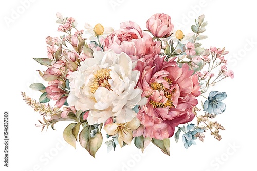 Vintage watercolor bouquet of peonies, roses, and wildflowers in soft pastel colors, isolated on white background