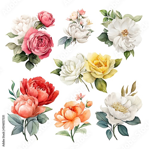 Watercolor floral clipart,delicate floral arrangements of roses, peonies, bright rainbow colors, flowers with green foliage, white background, botanical illustration style