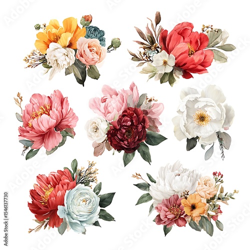 Watercolor floral clipart,delicate floral arrangements of roses, peonies, bright rainbow colors, flowers with green foliage, white background, botanical illustration style