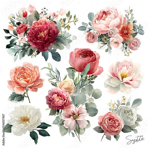 Watercolor floral clipart,delicate floral arrangements of roses, peonies, bright rainbow colors, flowers with green foliage, white background, botanical illustration style
