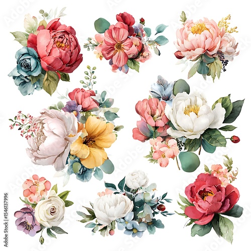 Watercolor floral clipart,delicate floral arrangements of roses, peonies, bright rainbow colors, flowers with green foliage, white background, botanical illustration style
