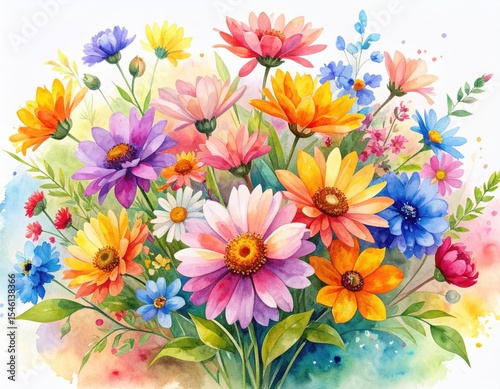 Vibrant Watercolor Painting of a Colorful Summer Flower Bouquet