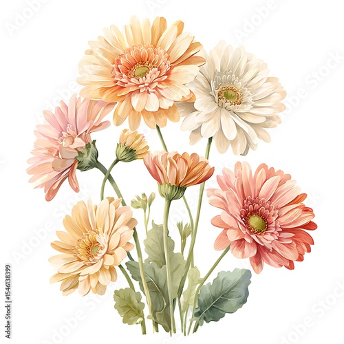 Watercolor gerbera Daisies, muted pastel tones, cute illustration, clipart, simple, soft colours, cartoon elements, White background