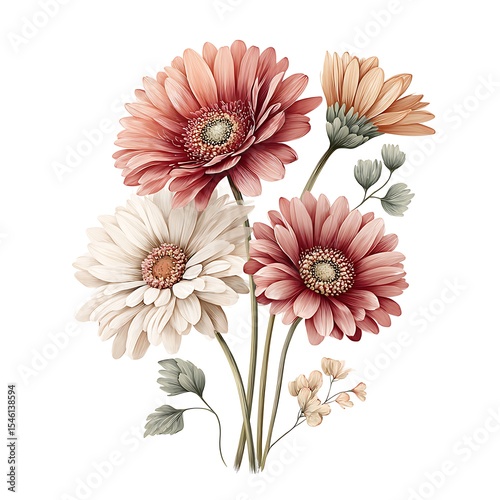 Watercolor gerbera Daisies, muted pastel tones, cute illustration, clipart, simple, soft colours, cartoon elements, White background