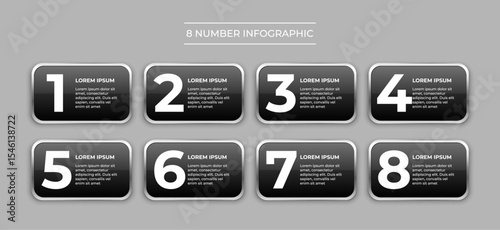 Dark Bullet Point Number Set, 8 Bullet Points Numbers