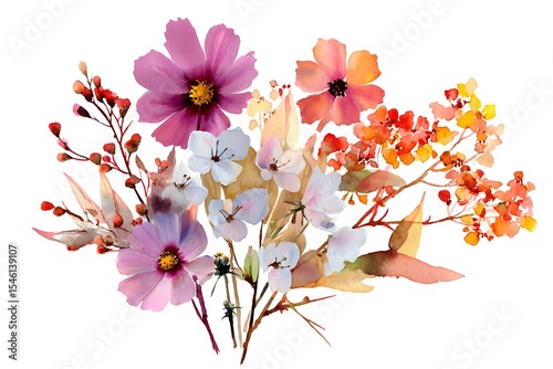 Autumn botanical bouquet, dried wildflowers, dead leaves, dry grass, twigs and branches, warm autumn colors,vintage watercolor style, delicate hand drawn floral composition