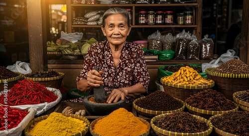 Fototapeta Naklejka Na Ścianę i Meble -  Portrait of an elderly Indonesian woman in traditional batik clothing, grinding spices with a stone mortar at a vibrant market stall. A concept of culture, heritage, and the spice trade