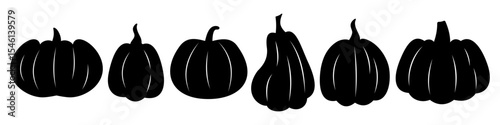 Silhouette Set of Pumpkins and Gourds. Black Halloween and Autumn Harvest Decorative Elements. Vector Isolated Icons of Various Pumpkin Shapes for Seasonal Designs and Holiday Projects