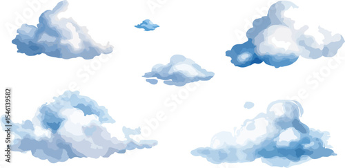 Collection of Blue and White Cartoon Clouds on a White Background Perfect for Sky Weather or Children s Book Illustrations with a Clean and Simple