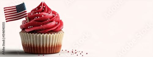 Cupcake. American flag. US holidays. Cake for 4th of July, Independence Day, Presidents Day. Cupcakes with buttercream frosting and colored sprinkles in the form of stars. US patriotism
