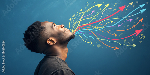 A Man Looking Up with Vibrant Abstract Arrows Coming from Above Representing Inspiration and Direction