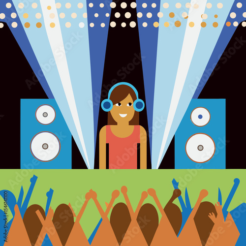 A South Asian teenage girl wearing headphones, DJing at a music festival stage. She stands confidently behind turntables, surrounded by colorful LED lights and a cheering crowd. The background glows w